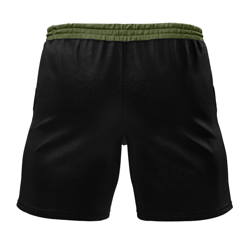 STARS Resident Evil Gym Shorts shown from the back, featuring an olive green elastic waistband. These black athletic shorts have a simple, logo-free design with no visible patterns.