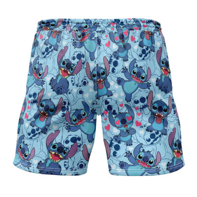 The Stitch Pattern Lilo & Stitch Gym Shorts showcase a playful all-over print of cartoon Stitch characters with heart and paw motifs on a light blue background.
