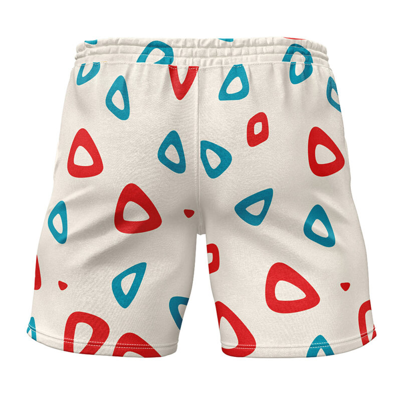 The image shows the back view of Togepi Pattern V2 Pokemon Gym Shorts—white shorts with an elastic waistband, decorated with playful red and blue rounded triangle shapes scattered across the fabric.