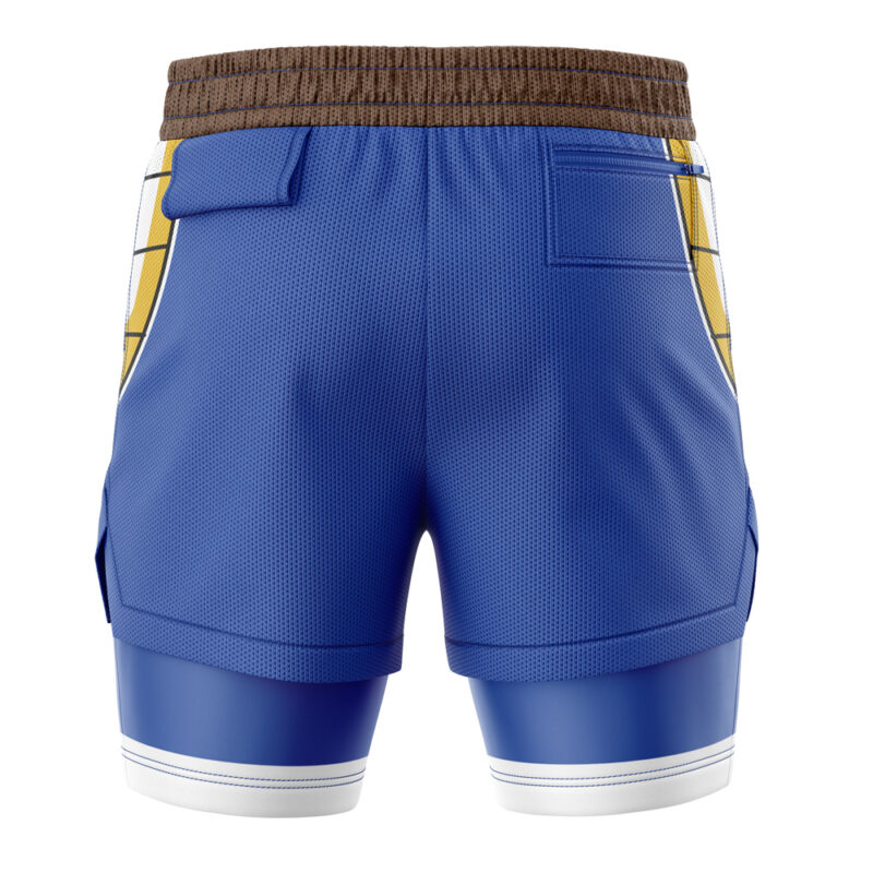 Vegeta Battle Armor DBZ 2-in-1 Performance Shorts: blue athletic shorts with textured fabric, brown waistband, side/back pockets, yellow-white side panels, and white-blue stripes near the hem.
