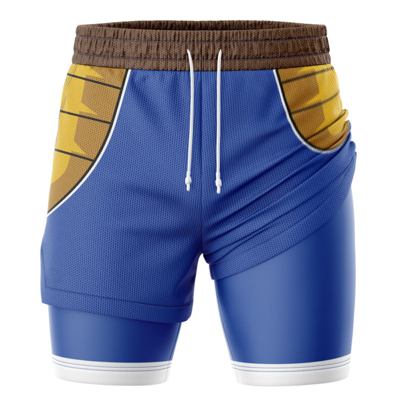 Vegeta Battle Armor DBZ 2-in-1 Performance Shorts feature a blue base, brown waistband, white drawstrings, gold side panels, and layered textures for a sporty basketball-inspired look.