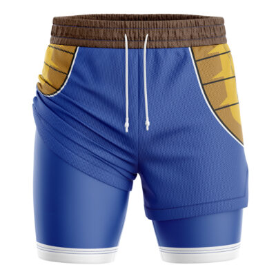 Vegeta Battle Armor DBZ 2-in-1 Performance Shorts feature blue fabric, a brown waistband, white drawstrings, yellow side panels with black basketball-like lines, and white trim on the leg bottoms.