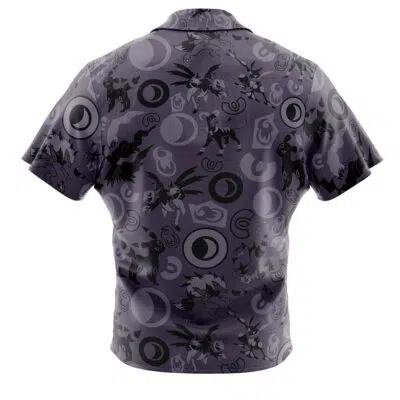 The Dark Pokemon Button Up Hawaiian Shirt features short sleeves, a dark purple background, and an all-over pattern of moons, circles, and shadowy Pokémon silhouettes, shown from the back.