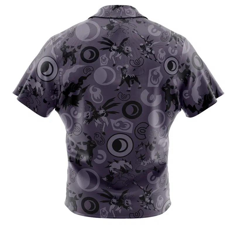 The Dark Pokemon Button Up Hawaiian Shirt features short sleeves, a dark purple background, and an all-over pattern of moons, circles, and shadowy Pokémon silhouettes, shown from the back.