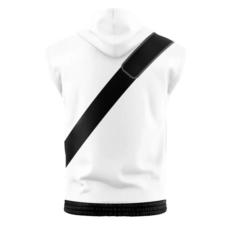 The Storm Shadow Classified GI Joe Sleeveless Hoodie is white, shown from the back with a diagonal black strap and a black elastic waistband.