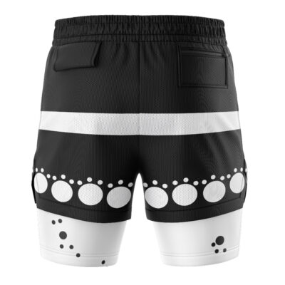 Bartholomew Kuma One Piece 2-in-1 Performance Shorts feature black and white mesh fabric, a thick white horizontal stripe, large white polka dots on the lower back, smaller dots below, and two back pockets.