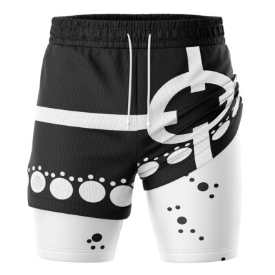 The Bartholomew Kuma One Piece 2-in-1 Performance Shorts showcase black and white abstract geometric patterns—circles, dots, and bold diagonal lines—in an asymmetrical, eye-catching design.