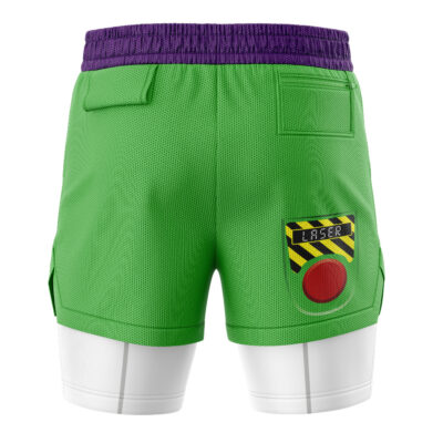 Back view of Buzz Lightyear Toy Story 2-in-1 Performance Shorts: green with a purple waistband, LASER button patch with caution stripes and red circle, and built-in white compression shorts, inspired by Buzz Lightyear.