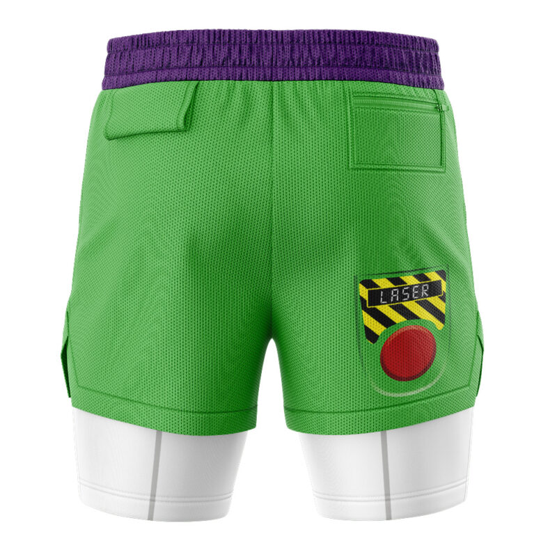 Back view of Buzz Lightyear Toy Story 2-in-1 Performance Shorts: green with a purple waistband, LASER button patch with caution stripes and red circle, and built-in white compression shorts, inspired by Buzz Lightyear.