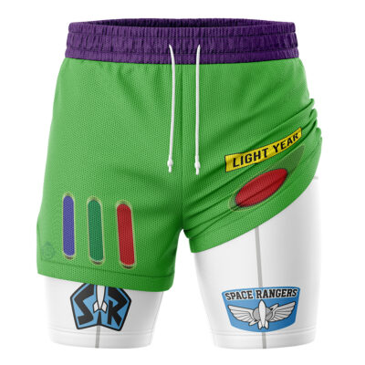 The Buzz Lightyear Toy Story 2-in-1 Performance Shorts feature green and white colors, colorful buttons, a “Light Year” patch, “Space Rangers” badges on the legs, a purple waistband, and white drawstrings.