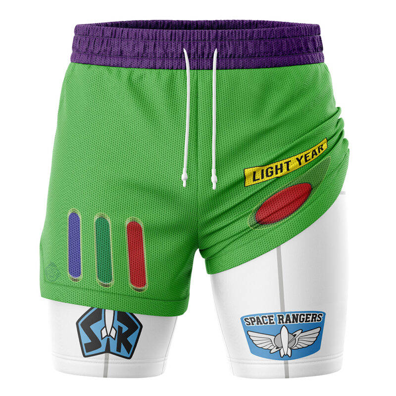 The Buzz Lightyear Toy Story 2-in-1 Performance Shorts feature green and white colors, colorful buttons, a “Light Year” patch, “Space Rangers” badges on the legs, a purple waistband, and white drawstrings.