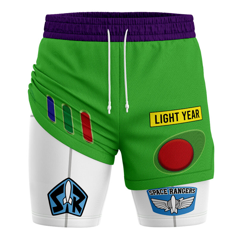 Buzz Lightyear Toy Story 2-in-1 Performance Shorts feature green and white colors inspired by Buzz’s suit, with colorful buttons, Light Year label, space ranger badges, a purple waistband, and a white drawstring.