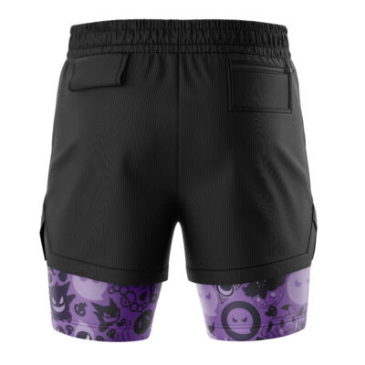 Back view of Ghost V2 Pokemon 2-in-1 Performance Shorts in black, featuring an elastic waistband, two back pockets, and purple panels at the bottom decorated with playful cartoon Pokemon faces and patterns.