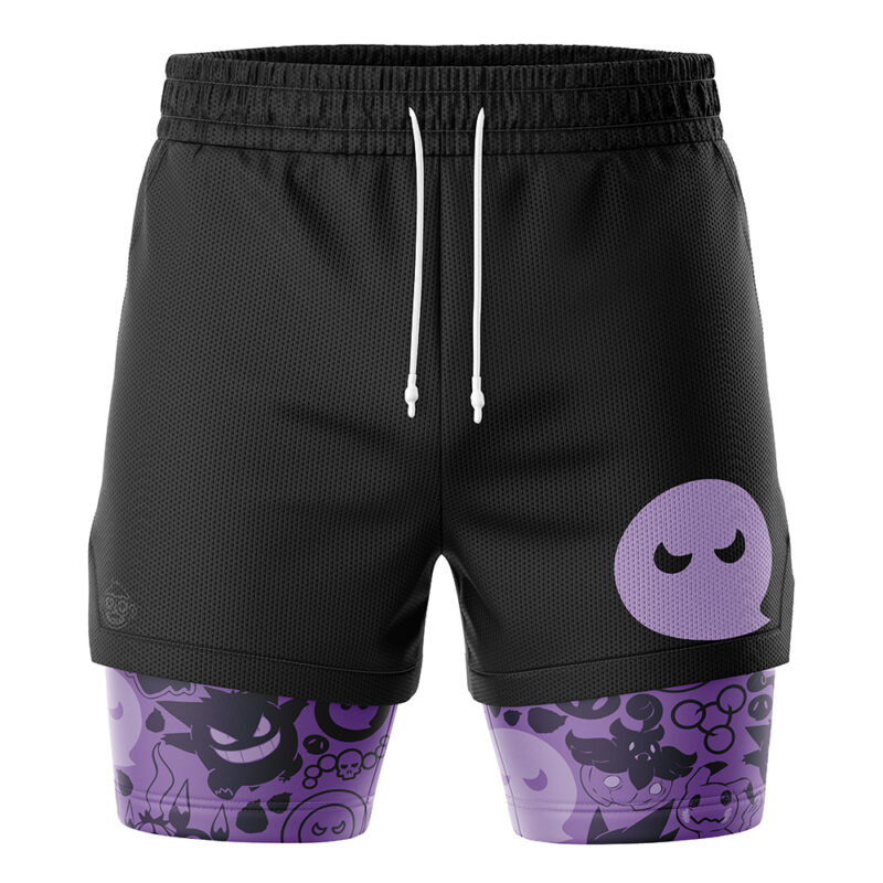 The Ghost V2 Pokemon 2-in-1 Performance Shorts feature black athletic shorts with white drawstrings and a purple circle with a mischievous face, layered over purple compression shorts covered in playful cartoon characters.