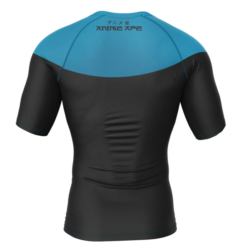 The Invincible Blue Short Sleeve Rash Guard Compression Shirt is form-fitting with a blue upper and black lower half, seen from the back. "ANIME APE" and Japanese characters are printed near the neckline.