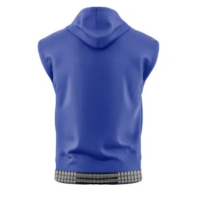 The Scarlet Spider Spiderman Marvel Sleeveless Hoodie, shown from the back, is blue with a hood and features a black and white checkered band along the bottom hem.