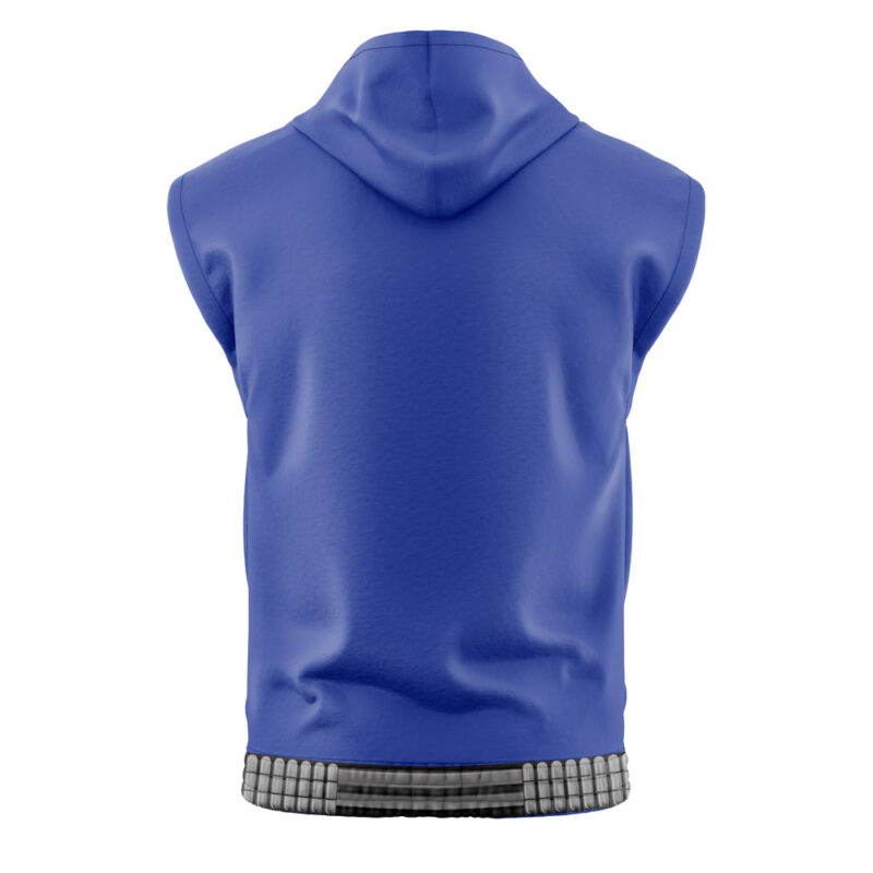 The Scarlet Spider Spiderman Marvel Sleeveless Hoodie, shown from the back, is blue with a hood and features a black and white checkered band along the bottom hem.