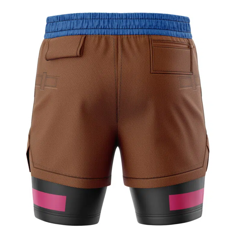 Rear view of Gambit X-Men Marvel 2-in-1 Performance Shorts in brown with a blue elastic waistband, two back pockets, and black thigh panels adorned with pink rectangular accents near the bottom.