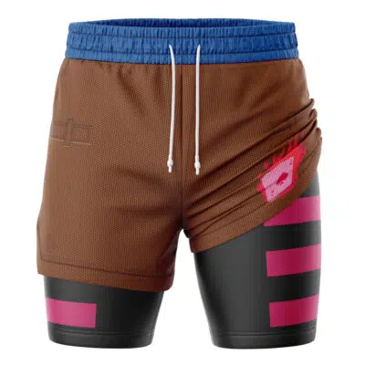 The Gambit X-Men Marvel 2-in-1 Performance Shorts feature a brown mesh upper, blue elastic waistband with white drawstrings, black lower sections with bold pink stripes, and a pink logo on the left leg.