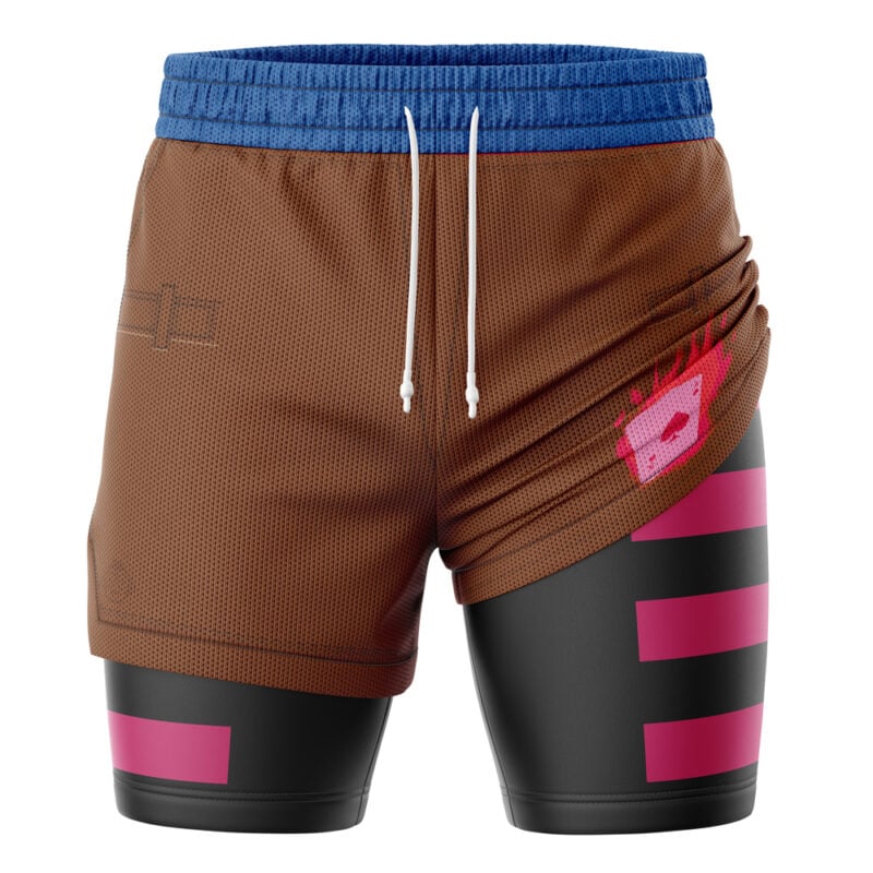 The Gambit X-Men Marvel 2-in-1 Performance Shorts feature a brown mesh upper, blue elastic waistband with white drawstrings, black lower sections with bold pink stripes, and a pink logo on the left leg.