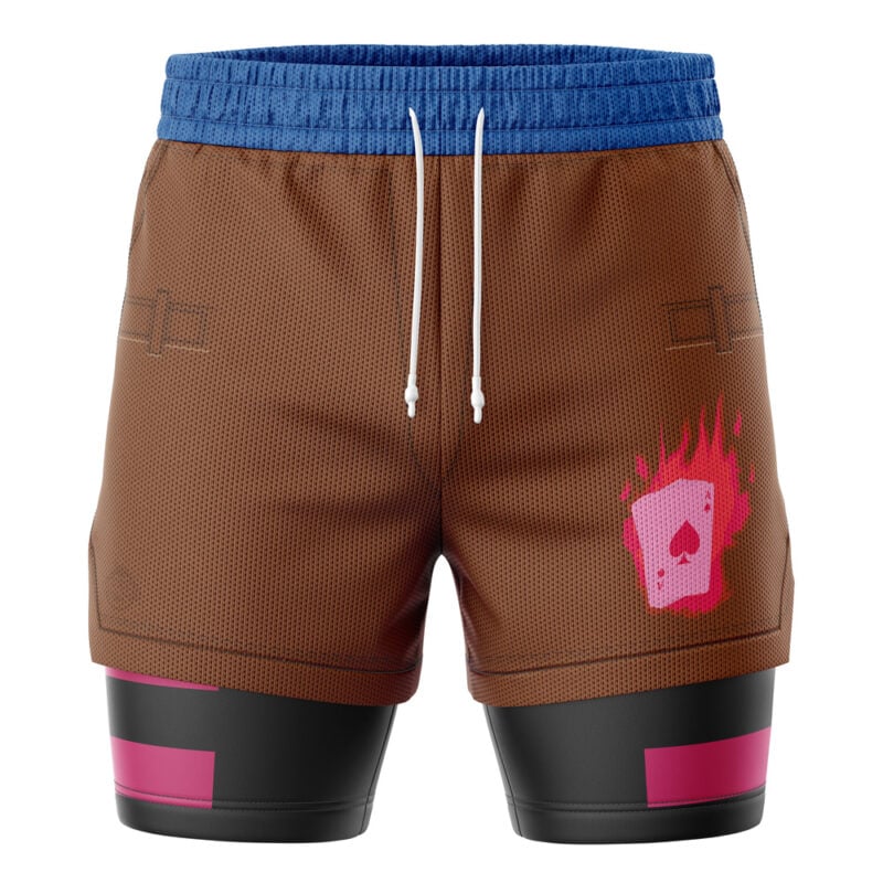 The Gambit X-Men Marvel 2-in-1 Performance Shorts feature brown fabric, a blue waistband, white drawstrings, a pink flaming playing card graphic on the left leg, and black and pink horizontal accents on the lower section.