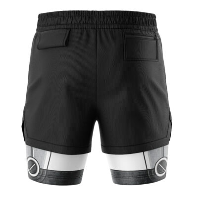 The RX-78 Mobile Suit 0079 Gundam 2-in-1 Performance Shorts are black athletic shorts seen from the back, featuring two rear pockets and a lower design inspired by metallic panels with circular details in gray, white, and black.