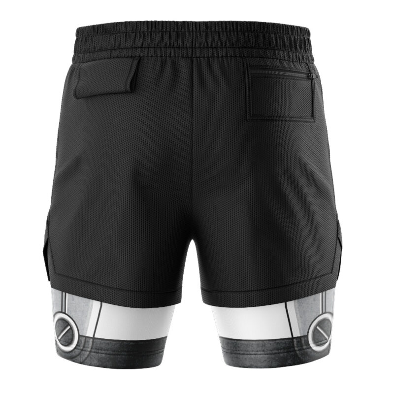 The RX-78 Mobile Suit 0079 Gundam 2-in-1 Performance Shorts are black athletic shorts seen from the back, featuring two rear pockets and a lower design inspired by metallic panels with circular details in gray, white, and black.