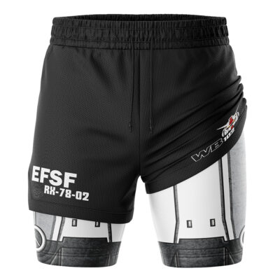 RX-78 Mobile Suit 0079 Gundam 2-in-1 Performance Shorts: black athletic shorts with a layered design, featuring EFSF RX-78-02 text and a white mechanical graphic on the underlayer, inspired by Gundam robot armor.