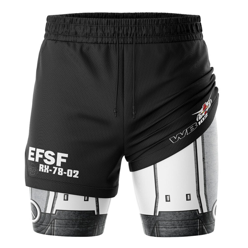 RX-78 Mobile Suit 0079 Gundam 2-in-1 Performance Shorts: black athletic shorts with a layered design, featuring EFSF RX-78-02 text and a white mechanical graphic on the underlayer, inspired by Gundam robot armor.