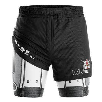 The RX-78 Mobile Suit 0079 Gundam 2-in-1 Performance Shorts are black athletic shorts with white and gray mechanical designs on the lower legs, “WB102” and a small robot graphic on the right, and “ERSF MKY-B-02” text on the left hip.
