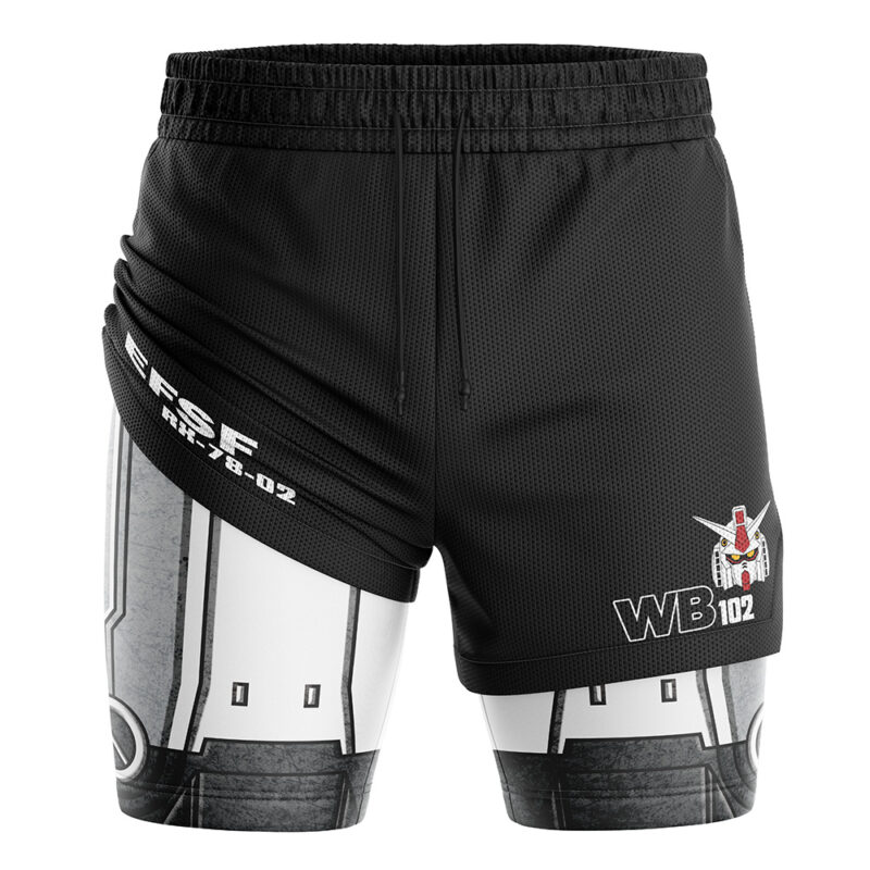 The RX-78 Mobile Suit 0079 Gundam 2-in-1 Performance Shorts are black athletic shorts with white and gray mechanical designs on the lower legs, “WB102” and a small robot graphic on the right, and “ERSF MKY-B-02” text on the left hip.