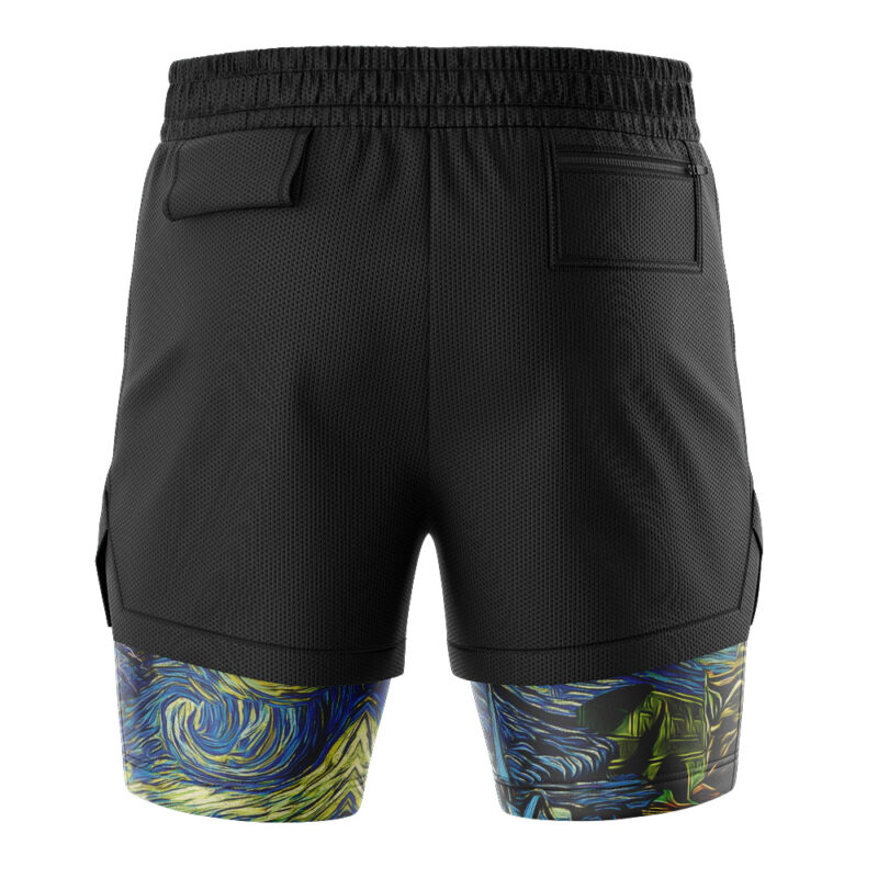 The image shows the back of Zelda Majora's Mask Starry Night 2-in-1 Performance Shorts—black athletic mesh shorts with two back pockets and vivid, art-inspired paint swirl patterns on each leg.