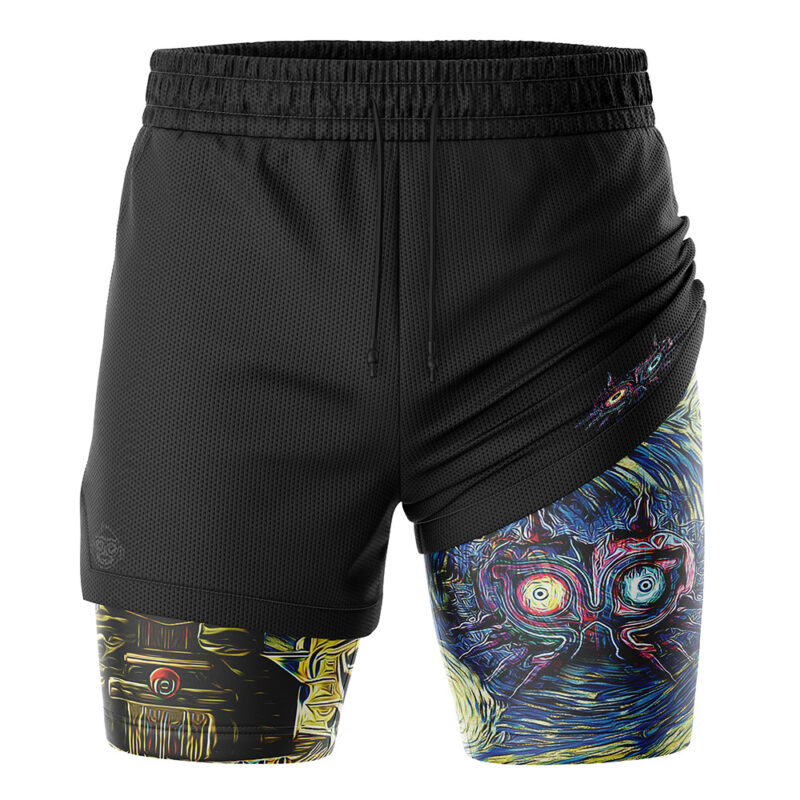 The Zelda Majora's Mask Starry Night 2-in-1 Performance Shorts feature black outer shorts and a compression layer underneath, decorated with swirling abstract art and two large, stylized eyes in bold blue, red, and yellow tones.