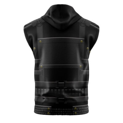 The Punisher Daredevil S2 Marvel Sleeveless Hoodie features a black design with printed armored straps and buckles on the back, creating the look of a tactical vest.