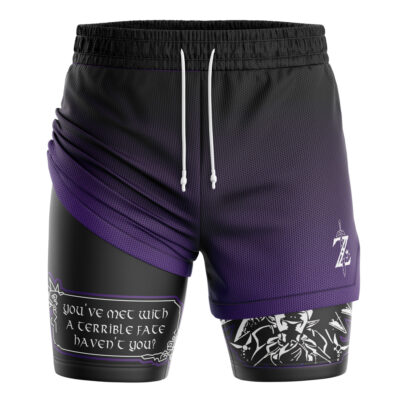 You’ve Met With A Terrible Fate V2 Legend of Zelda 2-in-1 Performance Shorts feature black and purple layers, a stylized Z, and the quote “You've met with a terrible fate, haven't you?” above monochrome artwork near the hem.