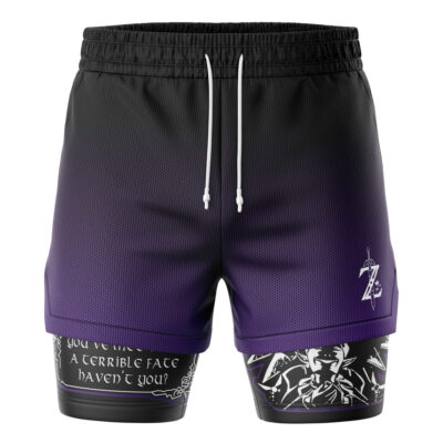 You've Met With A Terrible Fate V2 Legend of Zelda 2-in-1 Performance Shorts: black and purple gradient athletic shorts with white drawstrings over black compression shorts featuring white graphic art and the phrase “You’ve met a terrible fate haven’t you?”.