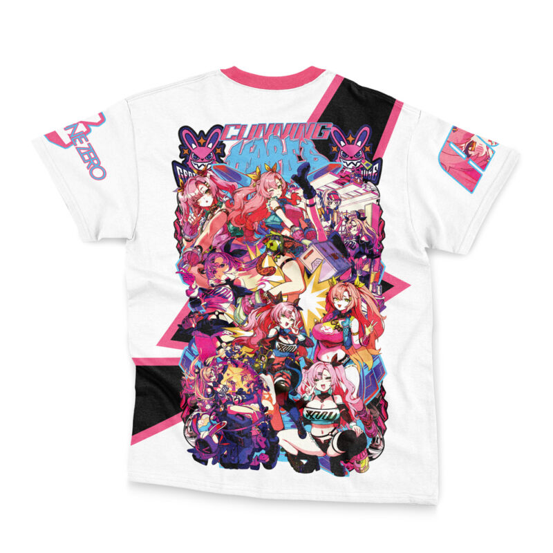 The Nicole Demara Zenless Zone Zero Streetwear T-Shirt is a white tee with bold anime-style art, colorful female characters, pink and black accents, Gunning X Pandora logo, and graphics on the back and sleeves.