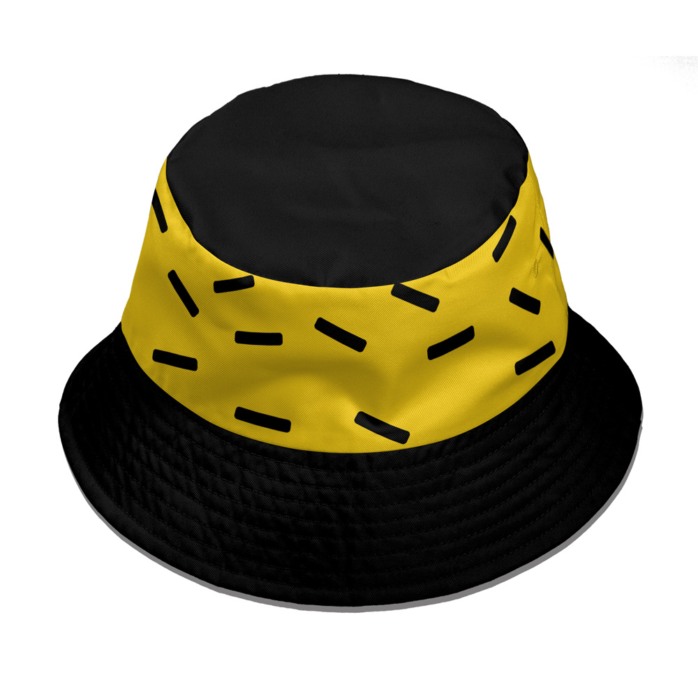 The P-Chan Classic Ranma ½ Custom Reversible Bucket Hat features a black brim and top with a yellow band around the middle, accented by a scattered black rectangle pattern.