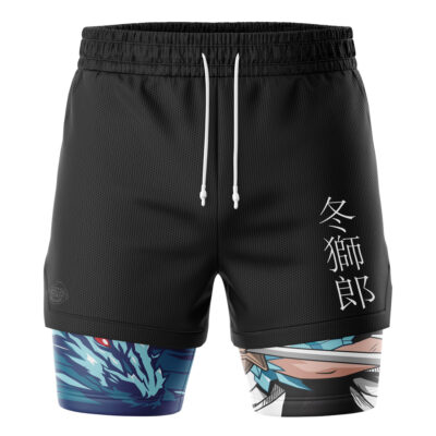 Shunsui Bleach 2-in-1 Performance Shorts feature black fabric, white drawstrings, Japanese kanji on the right leg, and vibrant anime art of a blue wolf and a character peeking out from each leg.