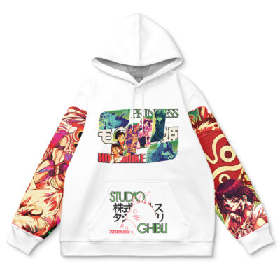 A white My Neighbor Totoro V2 Studio Ghibli Streetwear Hoodie with colorful Totoro anime graphics on the chest, vibrant character illustrations on both sleeves, and Studio Ghibli text with a cat design on the front pocket.
