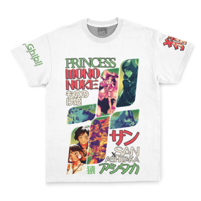White T-shirt with colorful images and text inspired by My Neighbor Totoro, featuring characters, Japanese and English writing, plus Studio Ghibli branding on the sleeve.