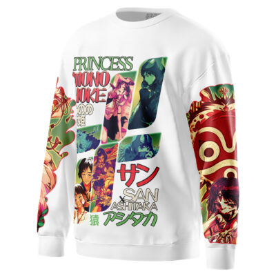 A white My Neighbor Totoro V2 Studio Ghibli Streetwear Sweatshirt featuring colorful artwork, characters, Japanese text, and bold graphic designs on the front and sleeves.