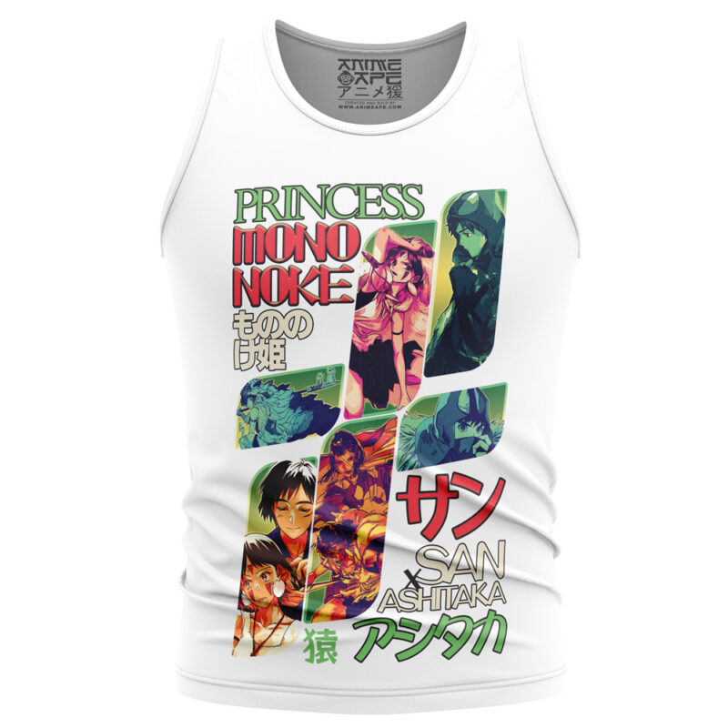 White tank top featuring colorful artwork and characters from My Neighbor Totoro, including the title in English and Japanese, plus images of Totoro and friends. Studio Ghibli streetwear inspired.