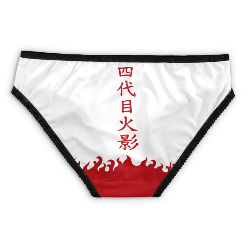 The Sage Mode Shippuden Panties are white with black trim, featuring red flames along the bottom and vertical red Japanese kanji characters in the center.