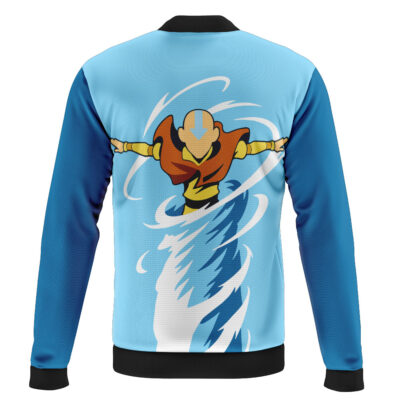 Blue Itachi with Crows Shippuden Bomber Jacket featuring an animated Itachi in an orange and yellow outfit, arms extended, surrounded by swirling blue and white elements for a dynamic, wind-like effect on the back.