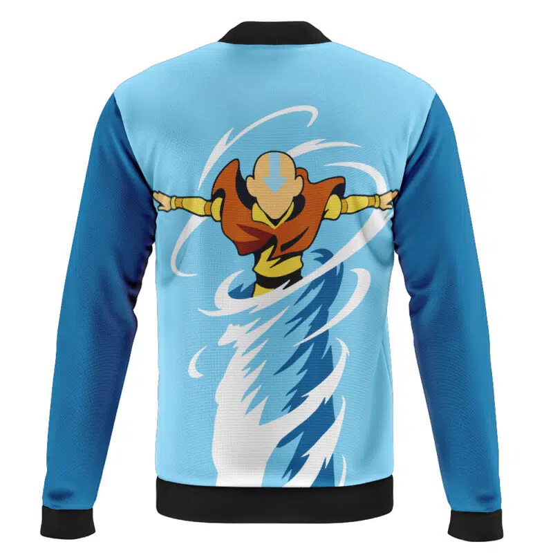 Blue Itachi with Crows Shippuden Bomber Jacket featuring an animated Itachi in an orange and yellow outfit, arms extended, surrounded by swirling blue and white elements for a dynamic, wind-like effect on the back.