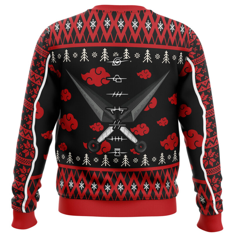 The Nine Tails Mode Shippuden Christmas Sweater features black and red colors, white geometric patterns, red clouds, crossed kunai knives on the back, and stylized symbols above them, all inspired by anime motifs.
