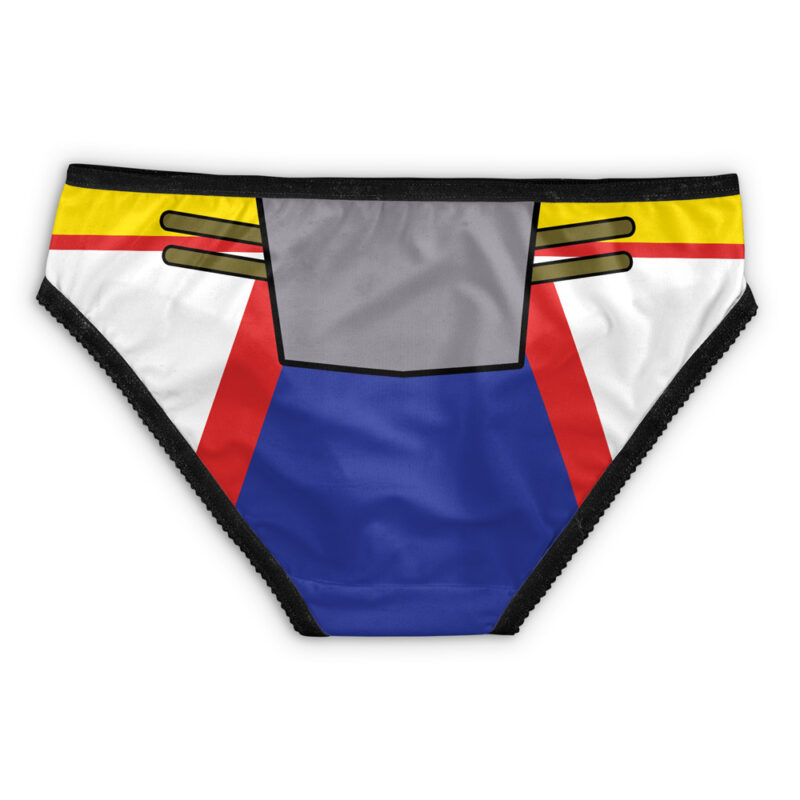 Lemillion My Hero Academia Panties: Bikini-style underwear with a vibrant geometric design in blue, red, yellow, gray, white, and black, inspired by a stylized superhero costume.