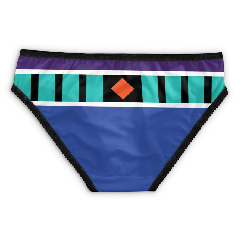 Ulquiorra Cife Arrancar Espada Bleach Panties (Copy): Blue bikini bottom with geometric waistband—teal stripe, black vertical lines, purple top band, red diamond centerpiece, and black trim.
