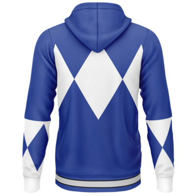 A Pink Ranger Mighty Morphin Power Ranger Lightweight Hoodie featuring a white diamond pattern on the back and arms, inspired by the classic design. The hoodie has white cuffs, a white stripe near the hem, and an upturned hood.